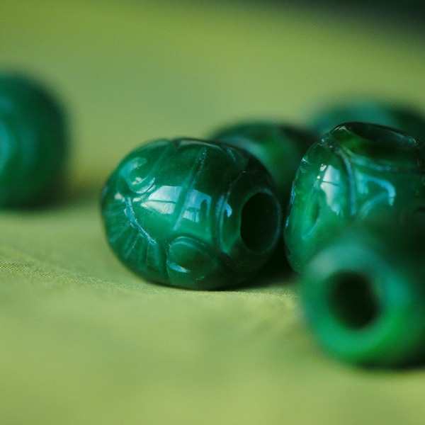 Chinese Jade Beads | Jade Barrel Beads | Green Jade Beads | Green Chinoiserie Beads | 15mm Jade Beads | Green Gem Beads | Carved Beads