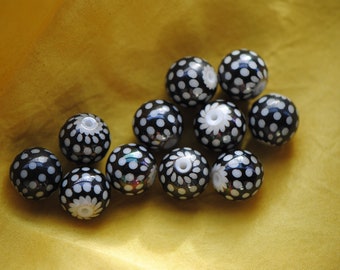 Perle noire et blanche | Perle de verre | Perle à pois | Perle tachetée | Motif à pois noirs et blancs | Perles de 10 mm pour bijoux | Perle de style rétro