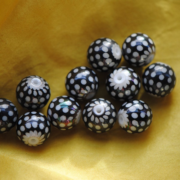 Schwarz und Weiß Perle | Glasperle | Polka Dot Perle | Gepunktete Perle | Schwarz Weiß Punkte Muster | 10mm Perlen für Schmuck | Retro Style Perle