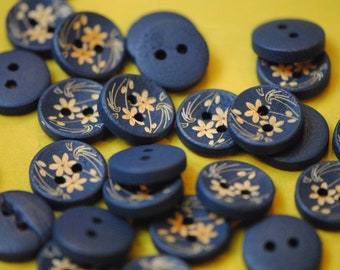 Blue Buttons | Flower Buttons | Floral Buttons | Patterned Buttons | Wooden Buttons | Wood Buttons | 15mm Buttons | Half Inch Buttons
