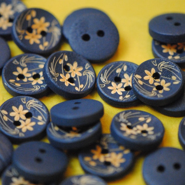 Blue Buttons | Flower Buttons | Floral Buttons | Patterned Buttons | Wooden Buttons | Wood Buttons | 15mm Buttons | Half Inch Buttons