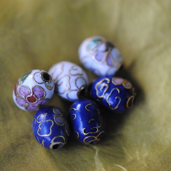 Oval Cloisonne Beads | Blue and Gold Beads | White Cloisonne Egg Bead | 9mm Beads | Small Cloisonne, Smooth Cloisonne Beads with Pink Flower