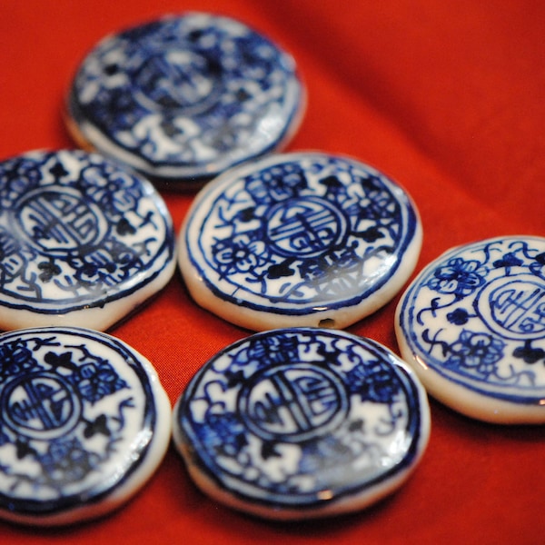 Flat Chinoiserie Beads | 30mm Beads | Blue Porcelain Beads | Focal Beads | Hand Painted Beads | Porcelain Coin Beads | 30mm Chinoiserie Bead