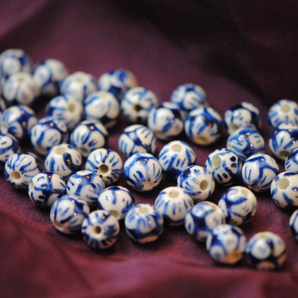 8mm Chinoiserie Beads | Hand Painted Beads | Blue and White Beads | Porcelain Spacer Beads | Ceramic Beads | Handmade Beads | China Beads