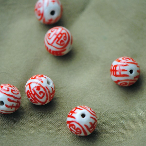 Red Longevity Beads | 14mm Beads | Hand Painted Ceramic Beads | Red Chinoiserie Beads | Asian Beads | Chinese Porcelain Bead | red White