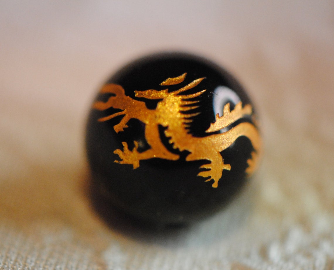Chinese Dragon Beads 14k Gold Plated Black Agate Beads 12 mm Etsy