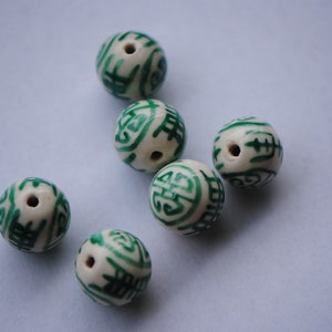 Green Longevity Beads | 14mm Beads | Hand Painted Ceramic Beads | Green Chinoiserie Beads | Asian Beads Chinese Porcelain Bead Green Ceramic