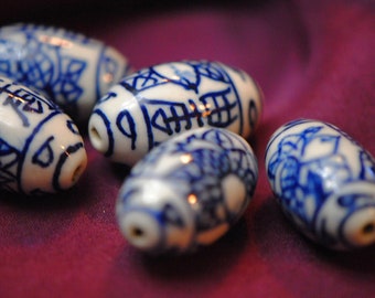 Porcelain Tube Beads | Peach Beads | Longevity Beads | Traditional Chinese Beads | Ceramic Tube Bead | Blue White Porcelain Chinoiserie Tube