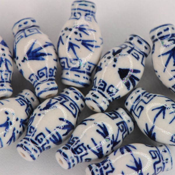 Blue White Porcelain Tube Beads | Vase Beads | Hand Painted Ceramic Beads | 25mm Beads | Chinoiserie | China Blue White Bead | Asian Beads