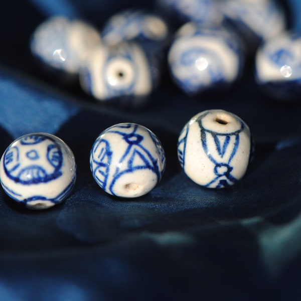 12mm Hand Painted Blue and White Porcelain Beads with Abstract Circular Design