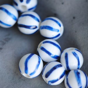 Blue and White Porcelain Striped Beads, Hand Painted, 10mm Diameter, 2mm hole size