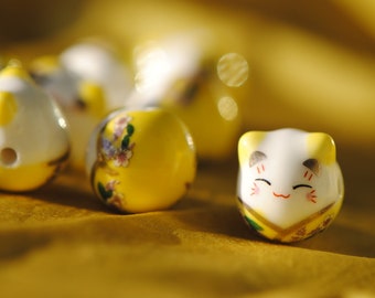 Yellow Porcelain Cat Beads, 14mm