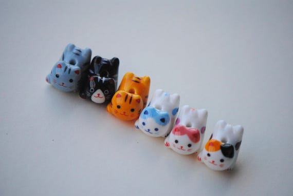 Cute Jumping Cat Beads, Porcelain, Ceramic | 20mm Beads | Patterns : Calico Cat, Blue Cat, Pink Cat, Orange Tabby, Tuxedo Cat, Gray Tabby