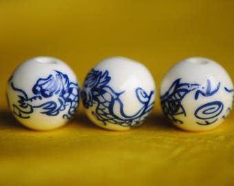 4 Chinese Dragon Beads | Blue White Porcelain Beads | 12mm Beads | Ceramic Chinese Beads | Blue China Beads | Asian Beads |  Round Beads