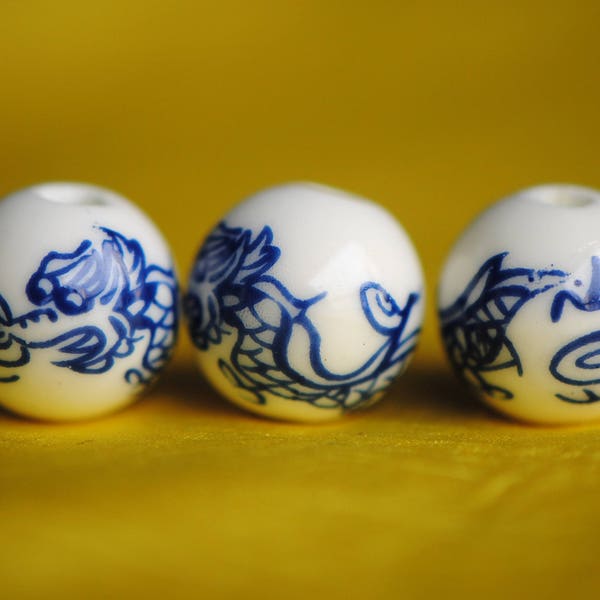 4 Chinese Dragon Beads | Blue White Porcelain Beads | 12mm Beads | Ceramic Chinese Beads | Blue China Beads | Asian Beads |  Round Beads