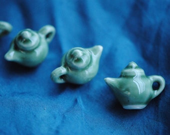 Celadon Teapot Charm | Glazed Porcelain Charm | Tea Lover Gift | Miniature Teapot Pendant for Earrings, Bracelets, Necklaces | Cyan Teapot