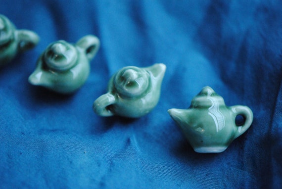 Celadon Teapot Charm | Glazed Porcelain Charm | Tea Lover Gift | Miniature Teapot Pendant for Earrings, Bracelets, Necklaces | Cyan Teapot