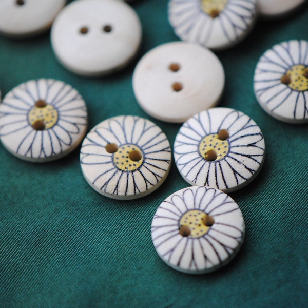 Daisy Buttons | Spring Buttons | White and Yellow Buttons | Painted Wood Buttons | Floral Buttons | Flower Buttons | 15mm Buttons Two Holes