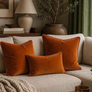 May include: Three solid burnt orange velvet throw pillows arranged on a light beige sofa. The set includes two square pillows and one rectangular lumbar pillow, all featuring a soft, plush texture and matching piping along the edges.
