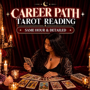 Może przedstawiać: Reklama usługi wróżenia z kart tarota z tekstem CAREER PATH TAROT READING oraz SAME HOUR & DETAILED. Osoba z długimi ciemnymi włosami siedzi przy stole przykrytym ciemnoczerwonym obrusem, trzymając w dłoni kartę tarota.