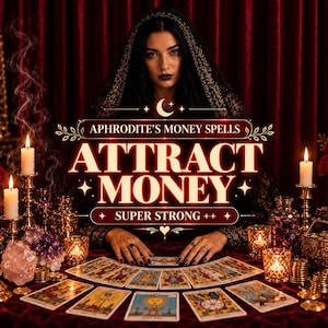 Może przedstawiać: Osoba z ciemnymi włosami i czarnym welonem siedzi przy stole z kartami tarota, złotymi monetami i zapalonymi świecami. Tekst: APHRODITE'S MONEY SPELLS ATTRACT MONEY SUPER STRONG ++. Scena zawiera czerwone róże i kryształy.