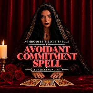 May include: A person with dark hair wearing a black lace veil, positioned behind a table with three tarot cards, red roses, and two lit white candles in gold holders. Text reads: APHRODITE'S LOVE SPELLS AVOIDANT COMMITMENT SPELL SUPER STRONG ++.