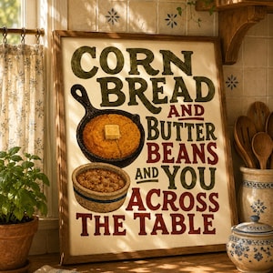 May include: A framed sign with the words "Corn Bread and Butter Beans and You Across the Table" in green and red lettering. The sign features illustrations of cornbread in a cast iron skillet and a bowl of beans.