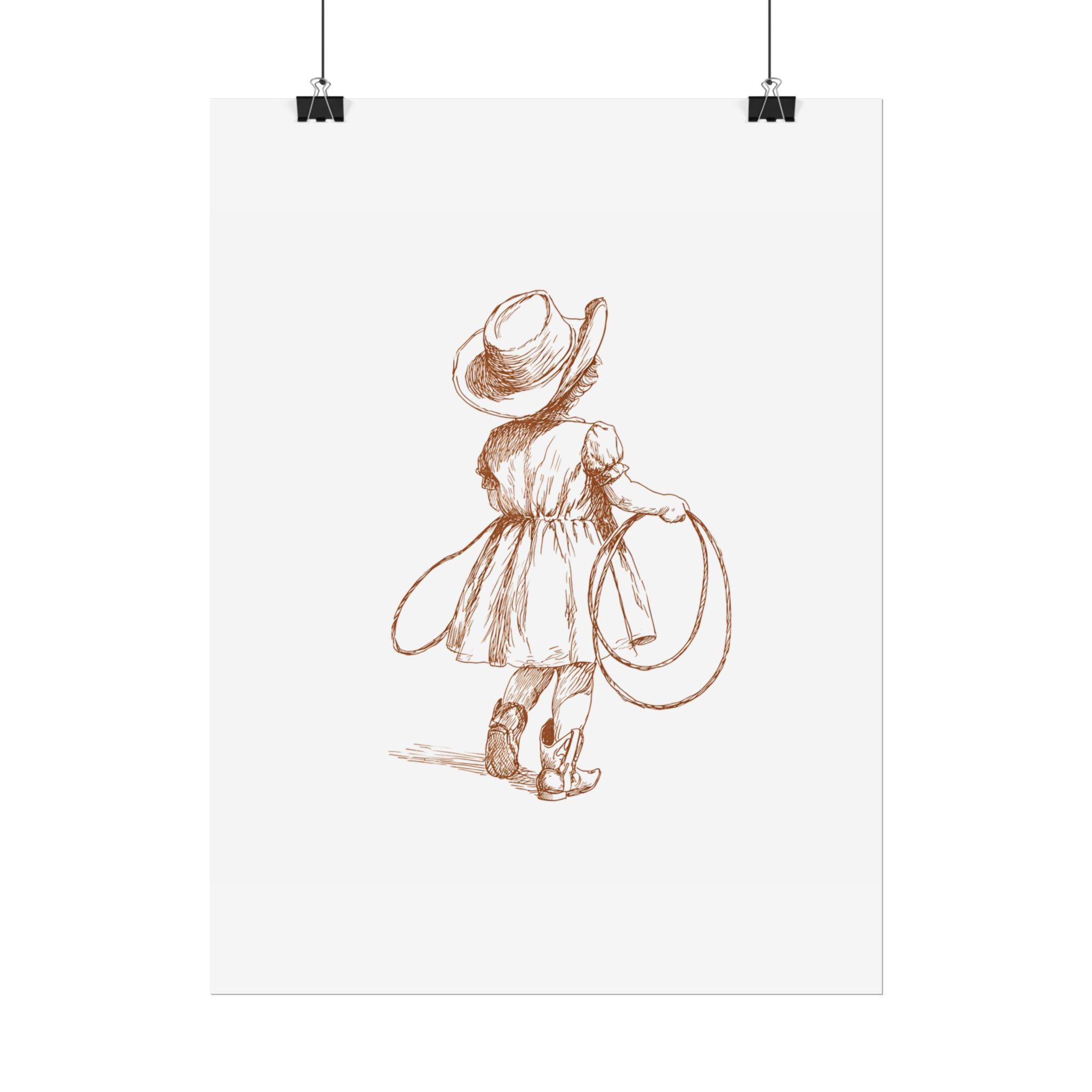 Young Rodo Schech Little Cowgirl Sketch Rolled Posters | Vintage Rodeo Girl Illustration ...
