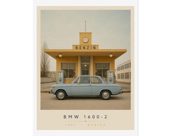 Vintage BMW 1600-2 Poster Rolled Poster | Classic Car Wall Art, Retro Gas Station
