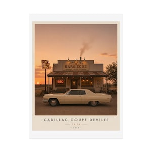 May include: A vintage print featuring a cream-colored 1970 Cadillac Coupe DeVille parked in front of the Lone Star Barbecue restaurant in Texas. The sign reads "Eat Texas BBQ" and "BBQ". The sky is a warm orange hue.