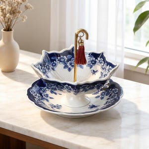 May include: A two-tiered serving dish with a white and blue floral pattern. The top tier is a scalloped bowl, and the bottom tier is a matching plate. A gold-coloured handle with a red tassel connects the two tiers. The dish is on a white surface.