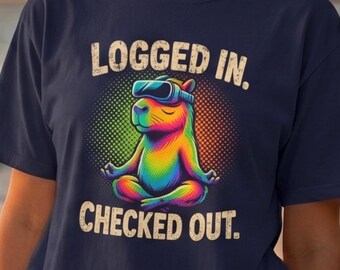 Capibara in VR-headset Lotus Pose zwaar katoenen T-shirt | Pop-art halftoonneon