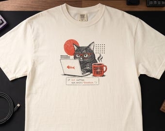 Kat met laptop en koffiemok T-shirt | Zwaar katoenen programmer kattenshirt linosnede