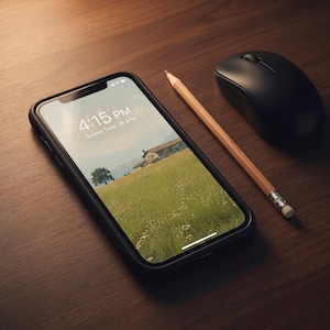 May include: A black smartphone displaying 4:15 PM and Screen Time: 3h 47m on its screen, which features a landscape wallpaper of a house in a grassy field. A wooden pencil and a black computer mouse are positioned next to the smartphone.