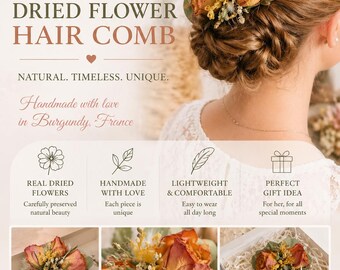 Dried Flower Hair Comb – Elegant Hair Accessory for Special Occasions, Handmade Gift for Her, Natural Floral Clip, Made in France
