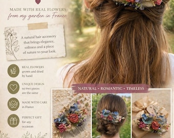 Pettine per capelli floreale con fiori veri | Realizzato a mano in Francia | Accessorio per capelli da sposa e da regalo