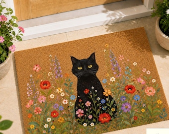Black Cat Floral Doormat, Imitation Coconut Brown Mat, Cute Cat Welcome Mat, Wildflower Cat Door Mat, Cat Lover Gift, Spring Entry Rug