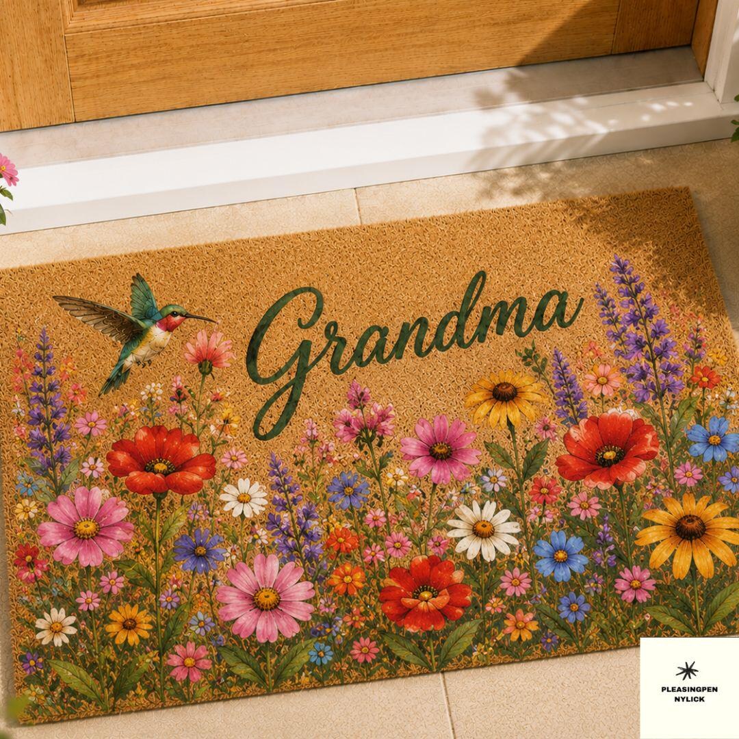 Personalized Grandma Doormat, Floral Hummingbird Welcome Mat, Custom ...