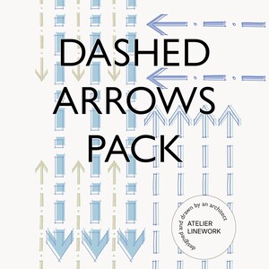 Op de afbeelding: Een digitaal ontwerp met de tekst "DASHED ARROWS PACK" in zwart, vergezeld van geschetste pijldesigns in blauw en beige. Een cirkelvormig logo met de tekst "ATELIER LINEWORK" is ook aanwezig.