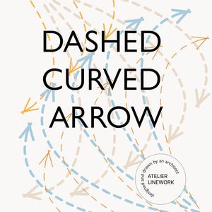 Op de afbeelding: Een grafisch ontwerp met de tekst "DASHED CURVED ARROW" in zwart, vergezeld van stippellijnen en gebogen pijlen in lichtblauw, bruin en beige. Een cirkelvormig logo luidt "ATELIER LINEWORK" en "ontworpen en getekend door een architect."