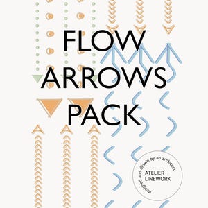 Op de afbeelding: Een digitaal grafisch ontwerp getiteld "FLOW ARROWS PACK" met verschillende pijllustraties in tinten blauw, oranje en groen. Het ontwerp bevat tekst en een cirkelvormig logo met de tekst "designed and drawn by an architect ATELIER LINEWORK."
