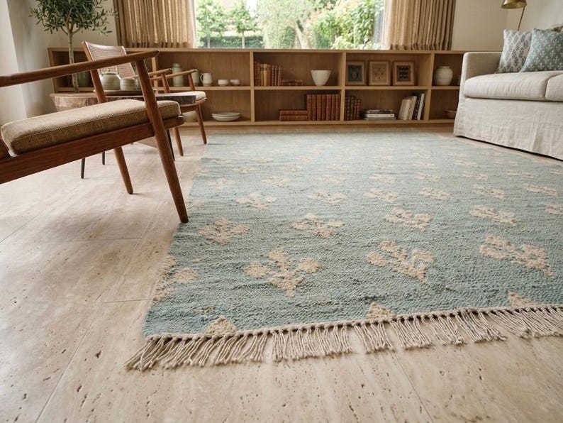 May include: A rectangular area rug featuring a light blue base with a repeating cream-colored floral pattern and a fringed edge. The rug has a textured pile surface and is positioned on a light-colored stone floor in a room with wooden furniture.