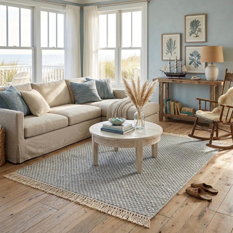 Pode incluir: Um tapete retangular com um padr&atilde;o texturizado tecido em azul e branco, com franjas atadas nas extremidades curtas. O tapete est&aacute; posicionado sobre um piso de madeira clara, parcialmente coberto por uma mesa de centro redonda e um sof&aacute;.