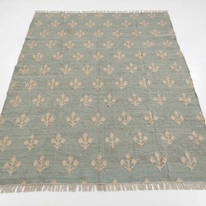 May include: A rectangular area rug featuring a muted sage green base color with a repeating pattern of small, light beige floral motifs arranged in a grid. The rug has a textured, woven appearance and includes short fringe along both ends.