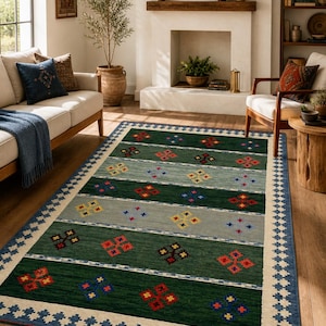 Handwoven Flatweave Wool Durry Rug, Green Tribal Kilim Rug, Boho Geometric Carpet, Living Room Area Rug 5x8, 6x9, 8x10
