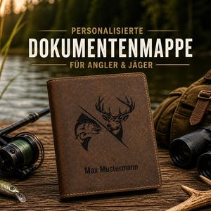 May include: A brown leather document holder with a fish and deer graphic, personalized with the name "Max Mustermann." The image includes fishing gear, binoculars, and a backpack, suggesting an outdoor theme.
