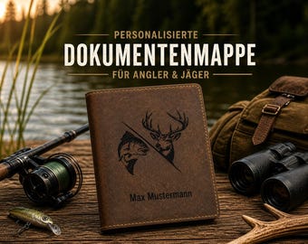 Personalisierte Leder Dokumentenmappe für Jagdschein & Angelschein Geschenk für Jäger und Angler Gravur Mappe Büffelleder