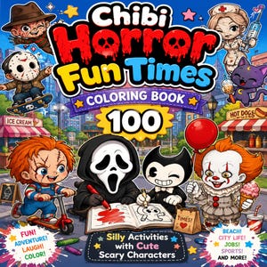 Może przedstawiać: Kolorowanka Chibi Horror Fun Times zawierająca 100 stron ilustracji. Okładka przedstawia różne postacie z horrorów w stylu kreskówkowym, w tym lalkę na hulajnodze, rysującą postać ducha oraz klauna trzymającego czerwony balon.