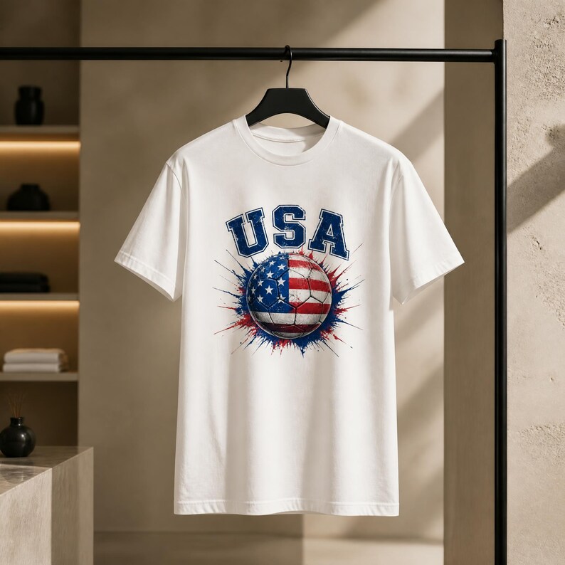 May include: White t-shirt featuring a soccer ball design with the American flag and the word "USA" in blue. The design includes red and blue splatter effects, creating a patriotic theme.