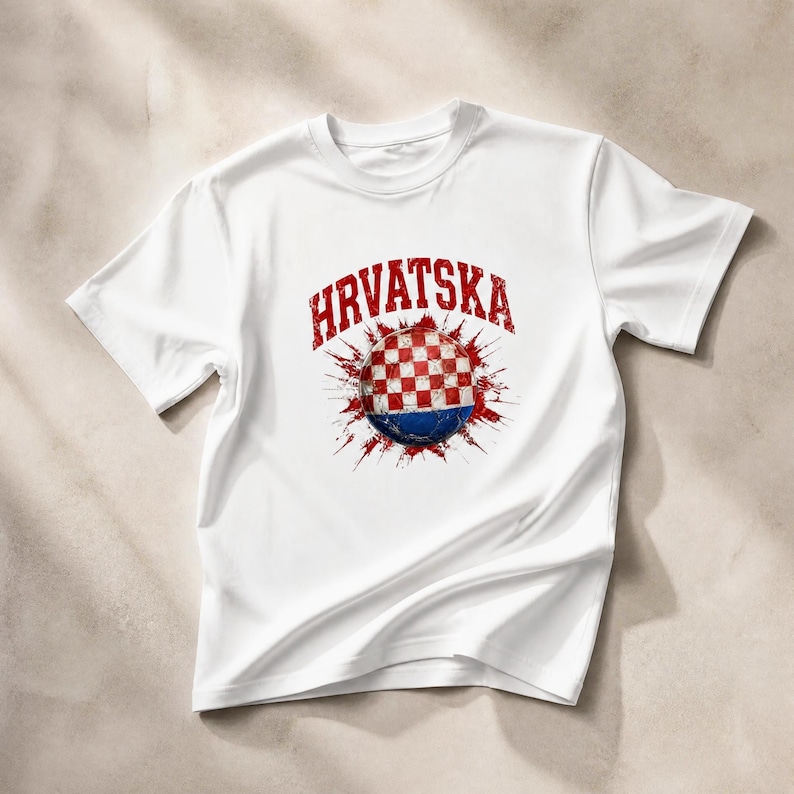 May include: White t-shirt featuring the word "HRVATSKA" in red above a graphic of a Croatian flag design. The graphic is a red and white checkered ball with a blue base, surrounded by red splatter effects.